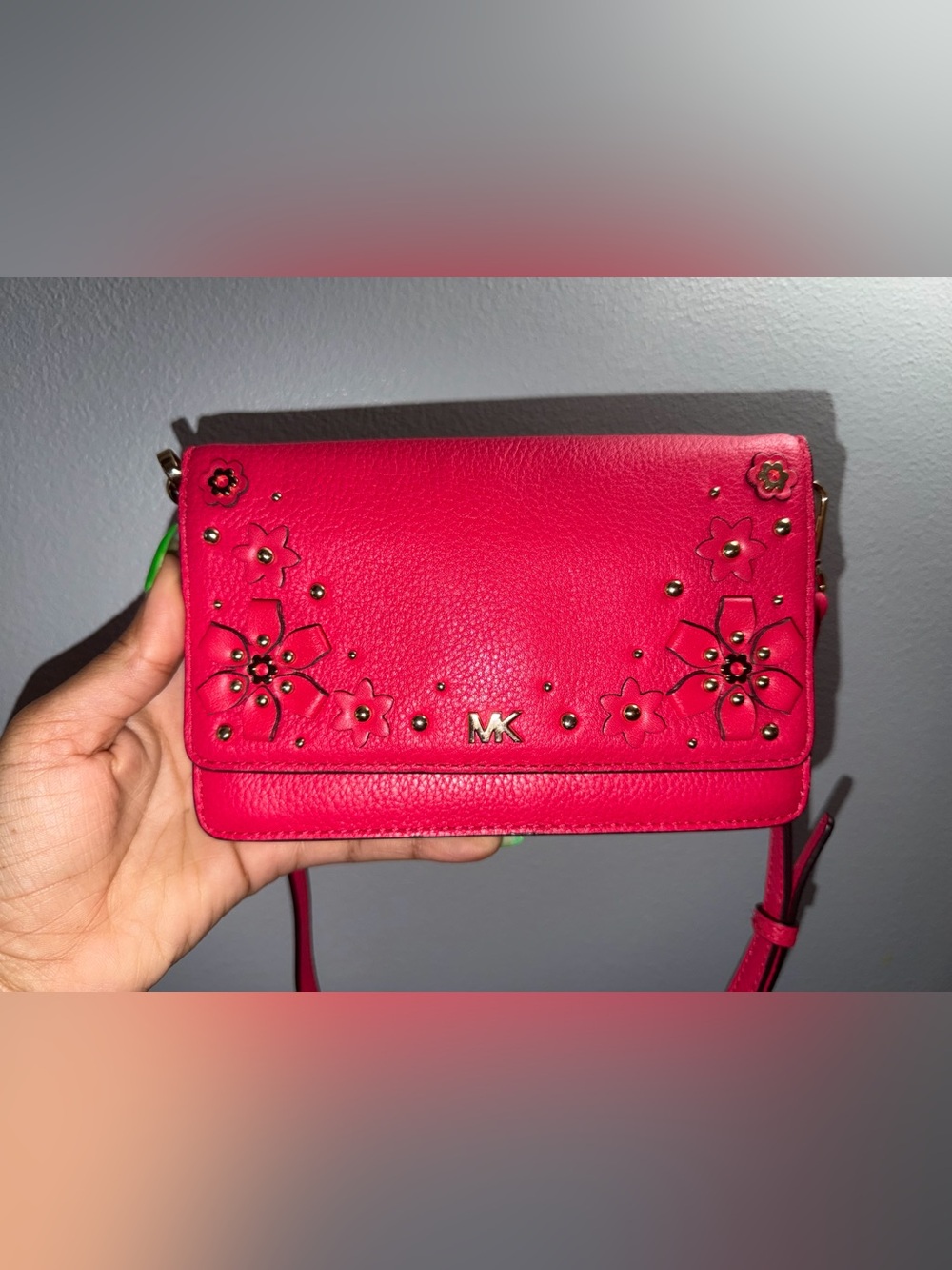 Michael Kors Bright Pink Floral Stud Leather Crossbody